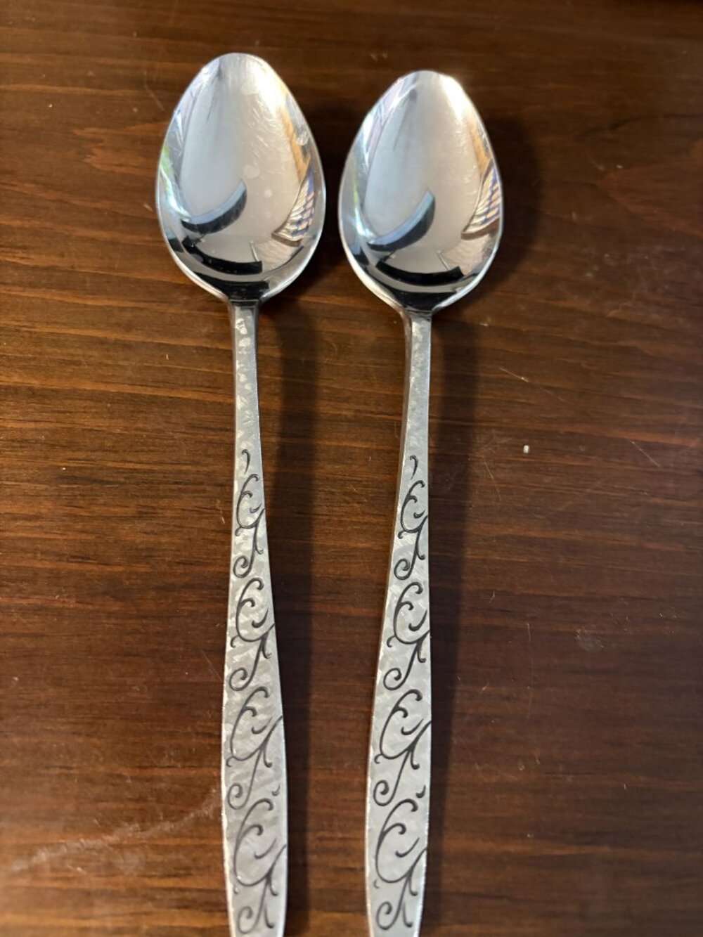 Set Of 2 Vintage EDC Stainless Steel Spoons With Elegant Scroll Design Made In J